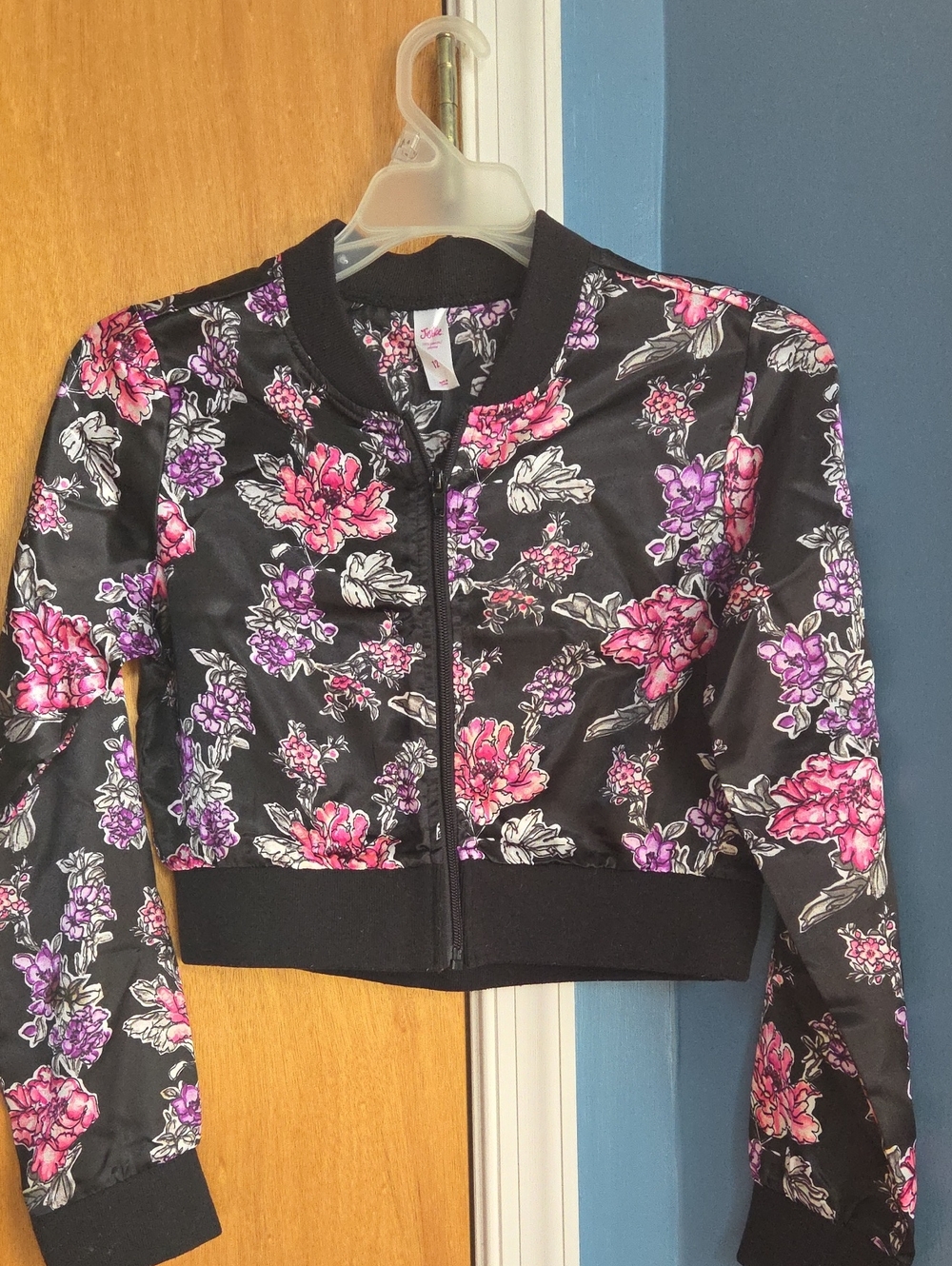 Girl's Black Floral Zip Bomber Jacket - Pink & Purple